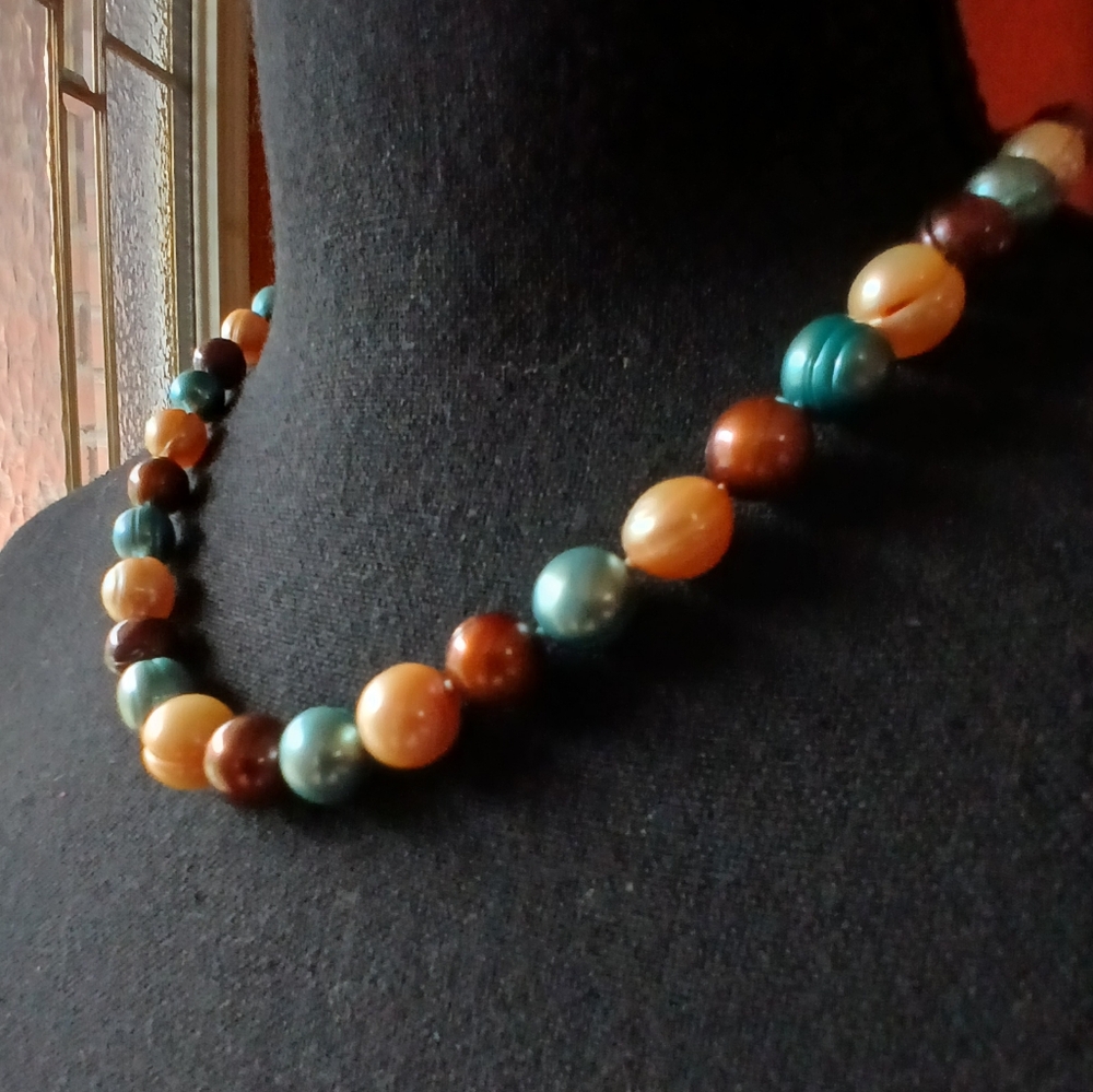 🌏🌟18" Honora Genuine Pearl Necklace 8-10mm. Teal, Taupe & Brown🌟🌏 - Picture 10 of 16